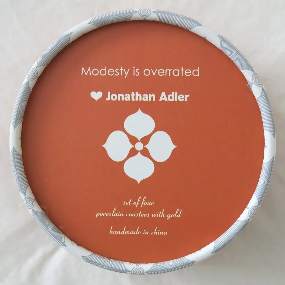 NIB Jonathan Adler HOLLYWOOD 4 Porcelain Gold Coasters RARE
